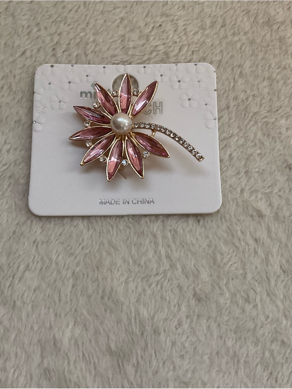 Mint Pink Crystal Floral Brooch with Pearl Center